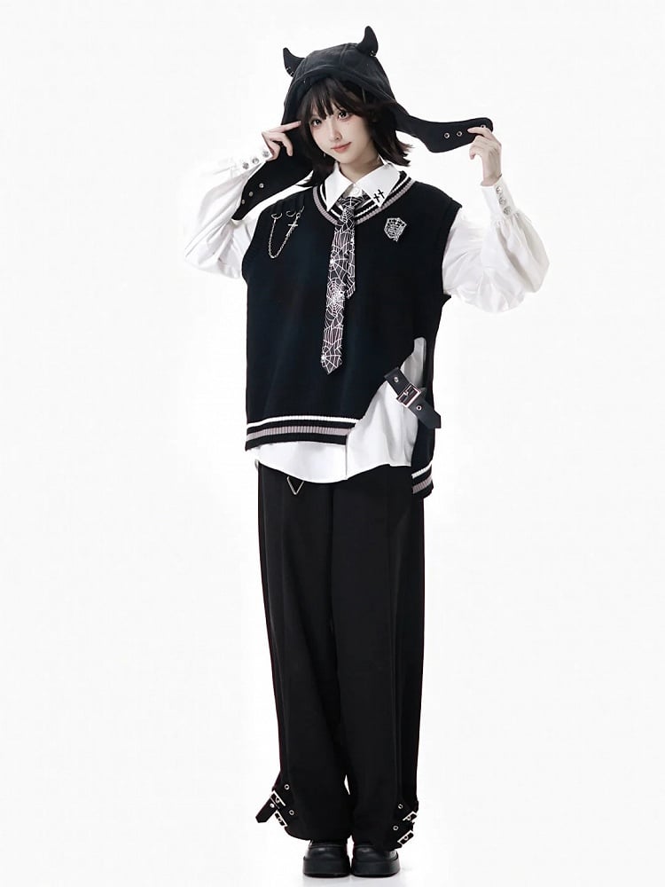 Gothic Black Strap Vest Accents and with Cross Buckle Academia Chain Knit