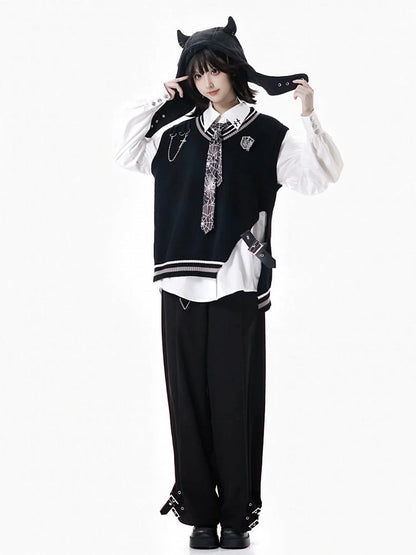 Straight-Leg Pants with Buckle Straps Black