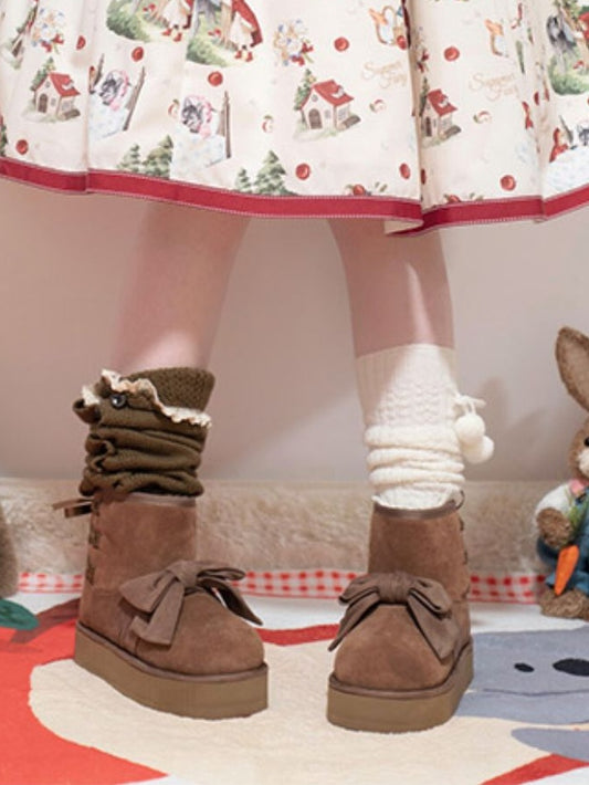 Brown Sweet Lolita Platform Snow Boots - Front Bow Accent with Rear Lace-Up Detail