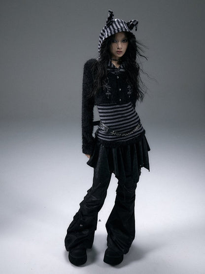 Fake Zweiteiler Schwarz-Grau gestreiftes Top mit Dobermannohr