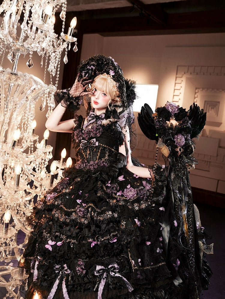 Ankle-Length Black & Purple Hanayome Hime Dress with Butterfly and Flower Accents - Cat Fairy Lolita