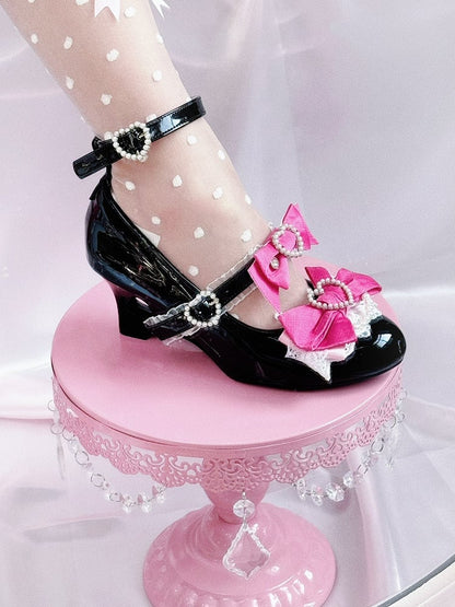 Jirai Fashion Pink and Janes Black Heels Kei Shoes Heart Wedge Cut-out Gyaru Mary