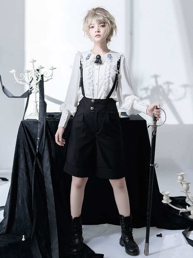 Schwarze Ouji Lolita-Overall-Shorts mit geradem Bein und hoher Taille