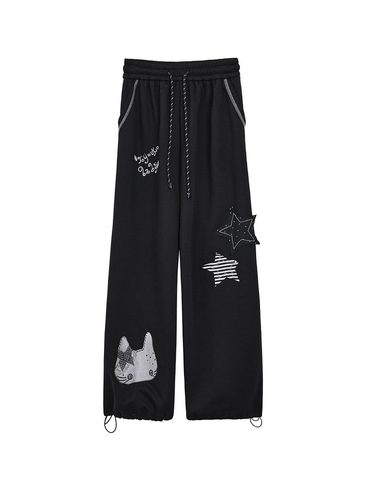 Waistband Elastic Pants Appliques Black with Kawaii Star Daily