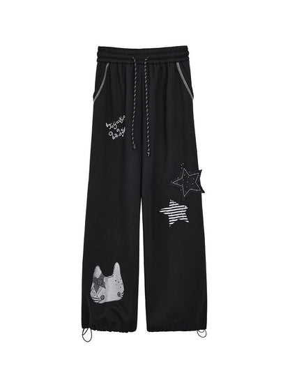Waistband Elastic Pants Appliques Black with Kawaii Star Daily