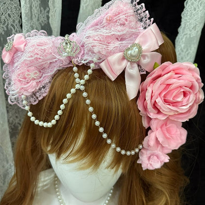Floral Trim 3 Hairclips Bowknot Lace Bead Crown And Hairclip Rhinestone Chain With Decorated Heart Pink