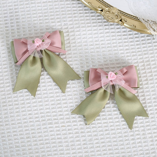 Sweet Pair Pink Flowers And Green of A Hairclips Gauze With Bowknot