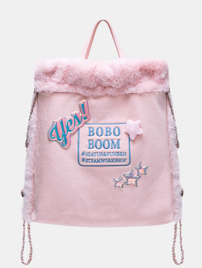 Fluffy Letter-Embellished Pink Backpack with Chain Straps and Holographic Star Accents