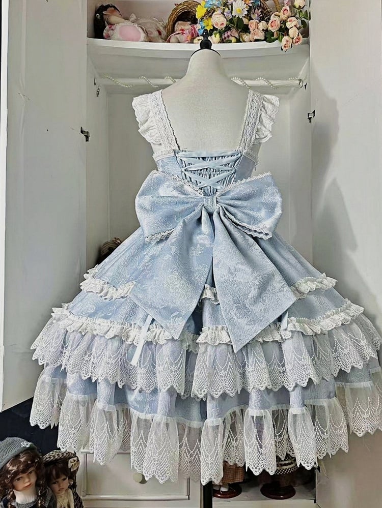 Blau-weißes Old School Lolita Fashion Kleid mit Schleife und Details, JSK-Set
