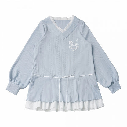 Light Blue Knit V-Neck Top with Drawstring Waist, Lace Trim & Rocking Horse Motif - PINK SAVIOR