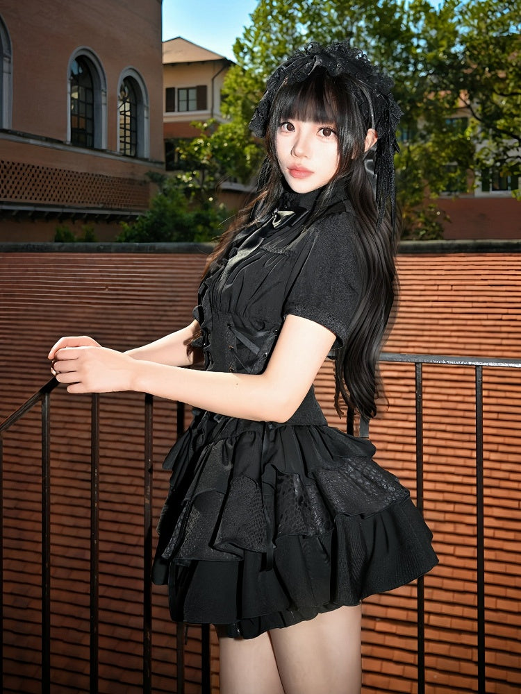 Gothic Layered Ruffle Lolita Dress in Black with Stand Collar & Cinched Waist, Short Sleeve - muggle studio