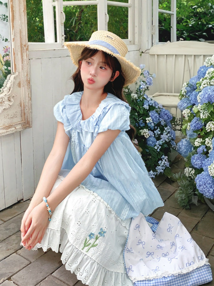 スイートライトブラウス ブルー ピーターパンカラー パフスリーブ