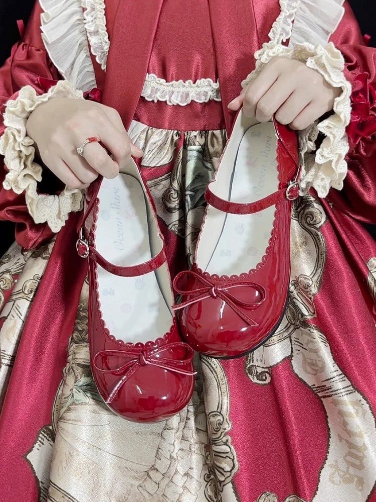 Lolita Heeled Sweet Snap Wine 3cm Bow - Fastener Accents Janes Mary Red