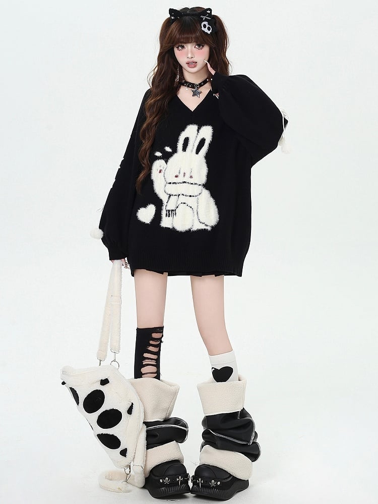 Black Cute Bunny V-neck Loose Sweater Lace-up Detail at Sleeves
