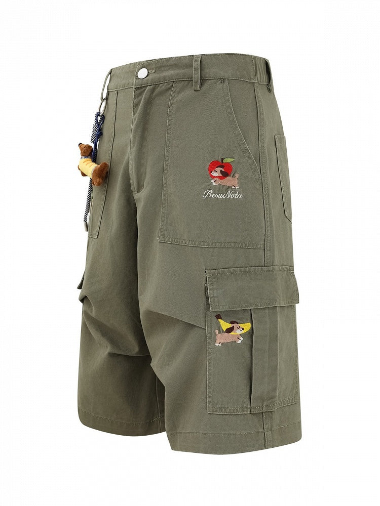 Green Cropped Cargo Shorts with Puppy Embroidery - Languid Park