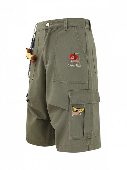 Green Cropped Cargo Shorts with Puppy Embroidery - Languid Park