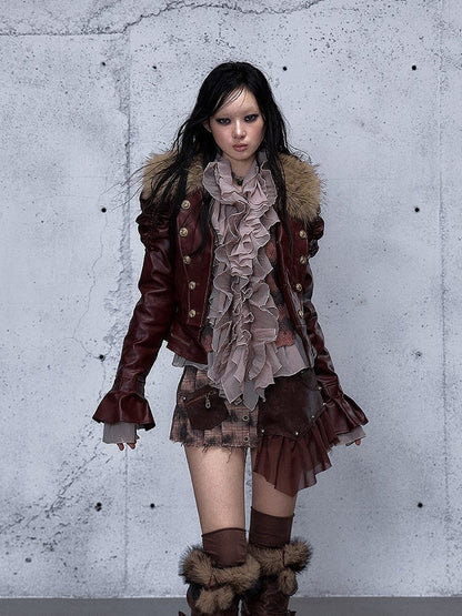 Rock Punk with Gathered Wine Details Red Jacket