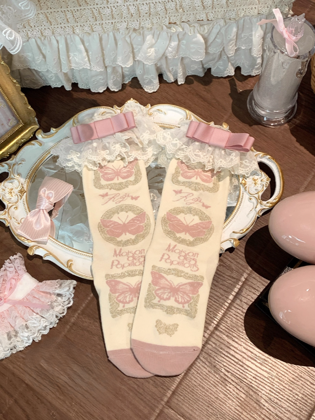 Color Pattern Socks + Cuff Butterfly 5 Detachable Bow Options Lace Calf