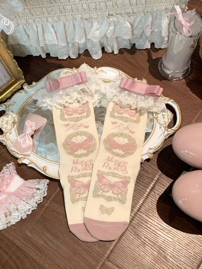 Color Pattern Socks + Cuff Butterfly 5 Detachable Bow Options Lace Calf