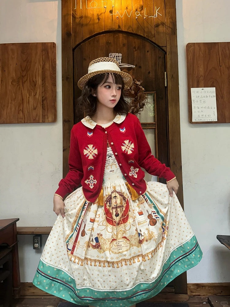 Long White Musical Print Peter Pan Collar OP Dress with Tassels - Crucis Universal Tailor Company