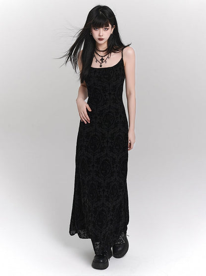 Flocked Black  Patterns Slip Ankle-Length Gothic with Floral Portraits Dress