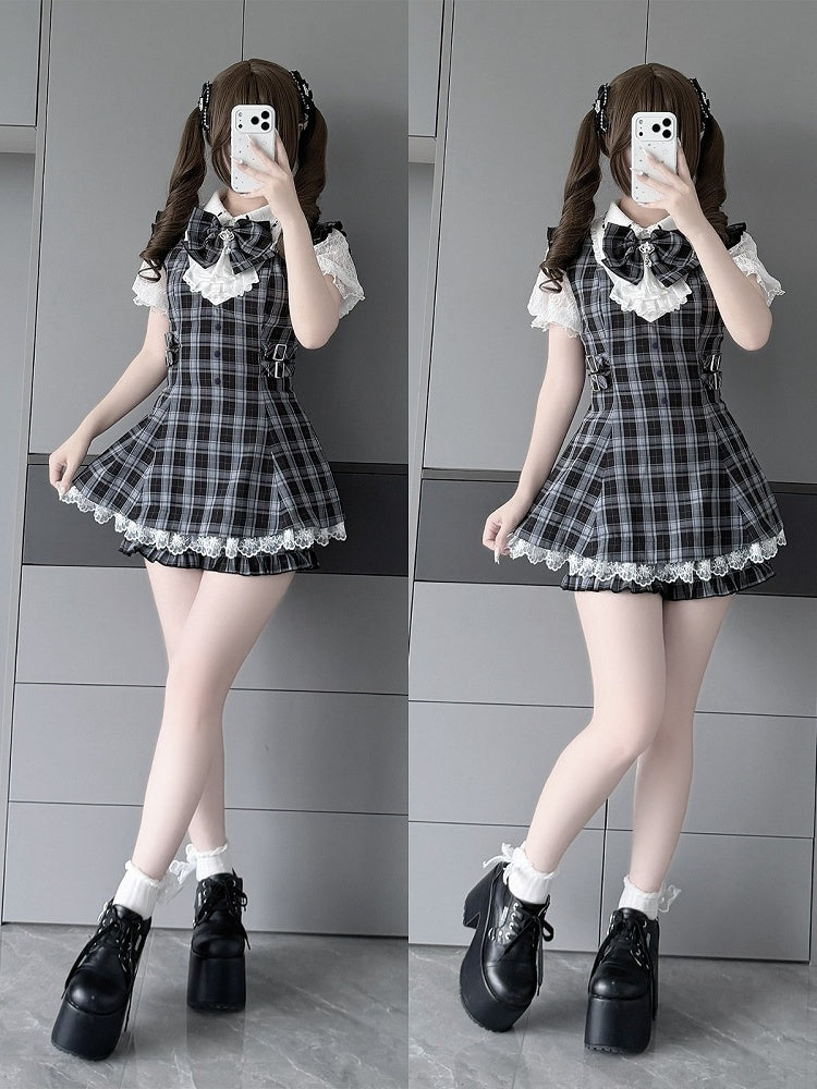 Jabot Black & White Jirai-Kei Plaid Short Sleeve Gown with Lace Bow Accents + Matching Shorts Set - Puzzles