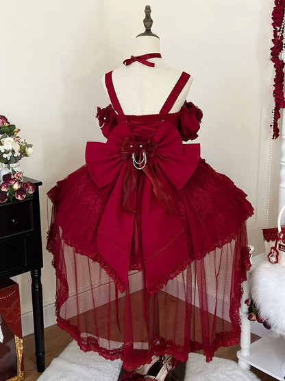 ウエストフラワーバスク裾フェアリースカートドレスジャンパーティアードレッドロリータ花嫁