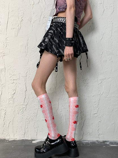 Stockings Print Pink Bowknot And Cherry Underknee Y2K