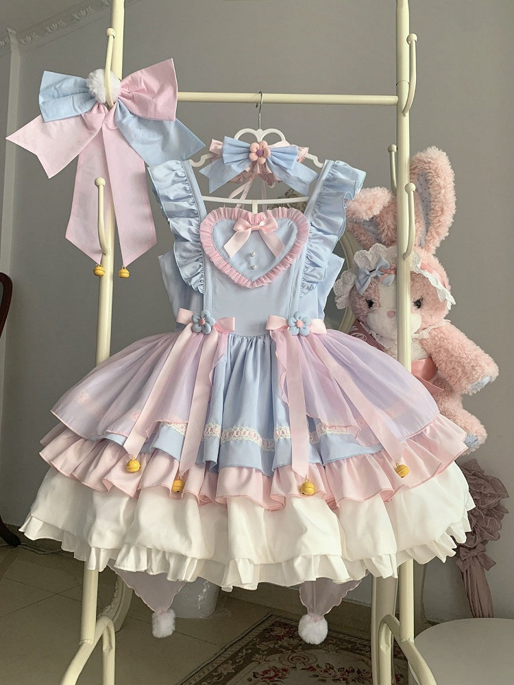 Sky Blue Layered Frill JSK with Bow and Heart Motifs - Miss Han