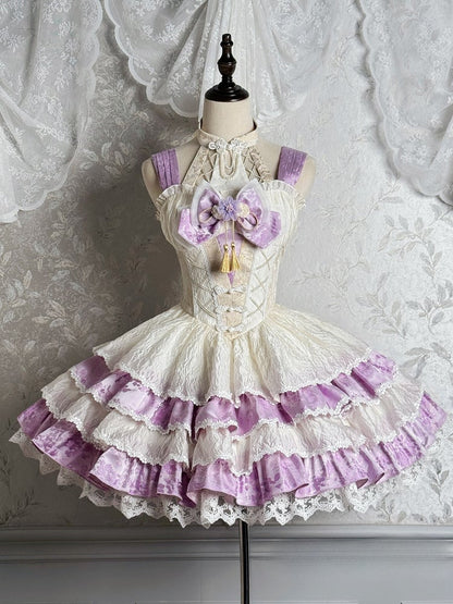 スカートドレス ロリータ ホルターネック バスク ウエスト取り外し可能 Qi パープル ティアード
