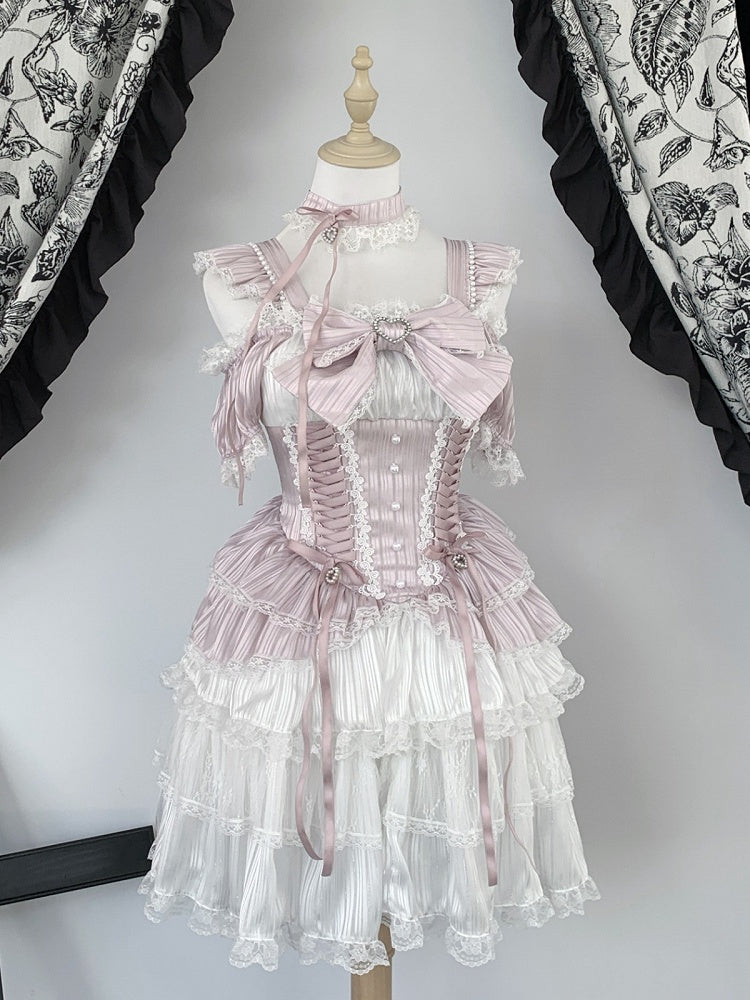 Pink Off-Shoulder Lace Dress with Choker - Virtual Paradise