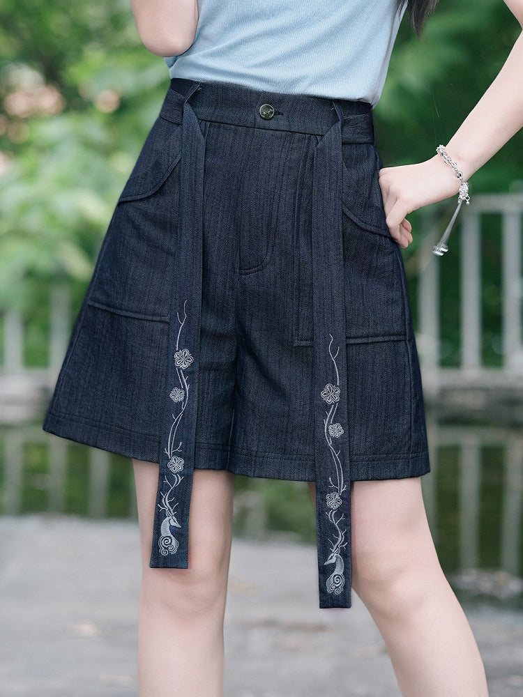 Black Denim-Effect Wide-Leg Shorts with Detachable Chinese Style Embroidered Ribbon - Quirky Hut