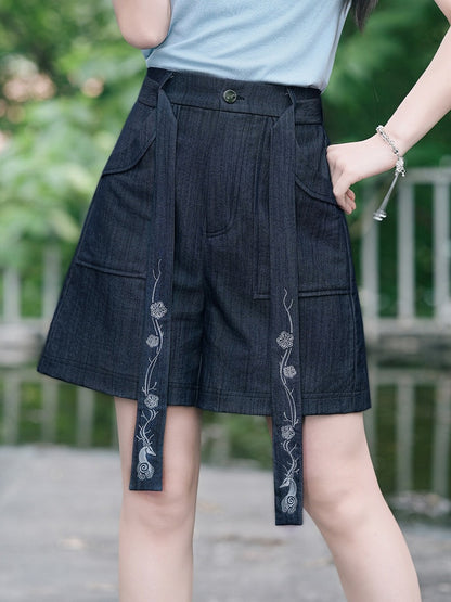 Black Denim-Effect Wide-Leg Shorts with Detachable Chinese Style Embroidered Ribbon - Quirky Hut