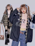 Reversible Black&Yellow Houndstooth Banded Collar Letter Jacket