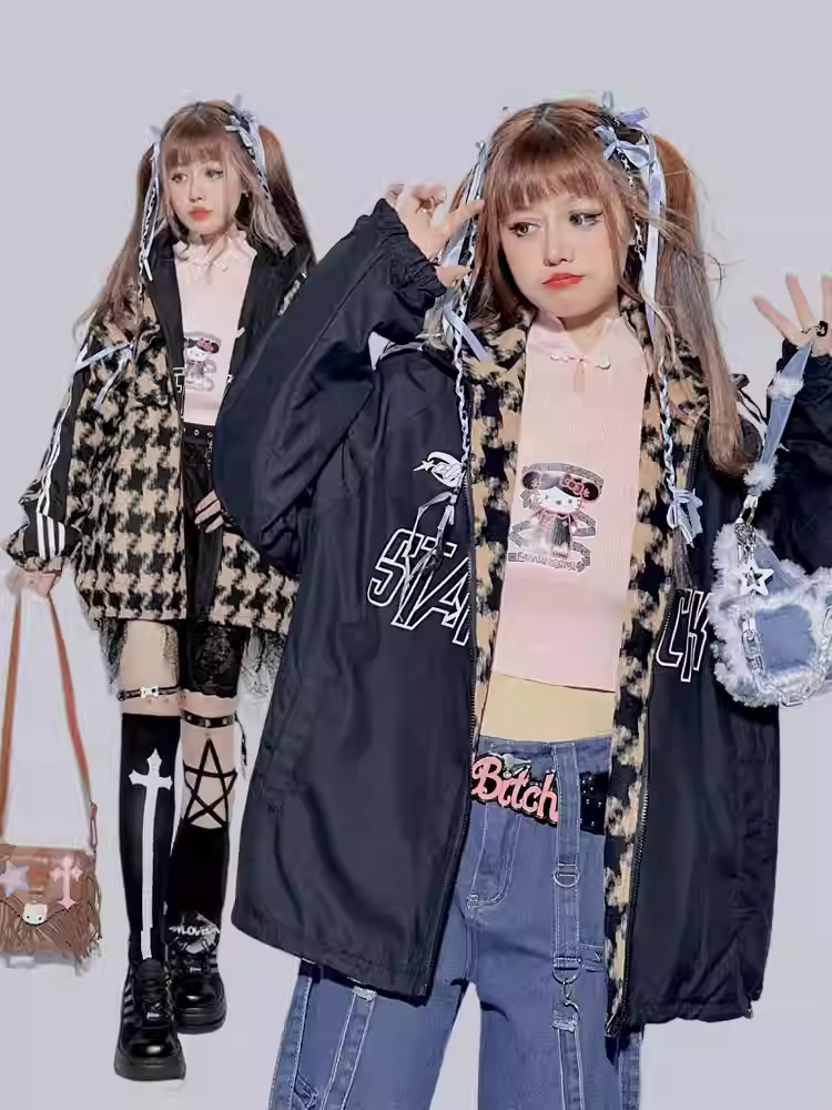 Reversible Black&Yellow Houndstooth Banded Collar Letter Jacket