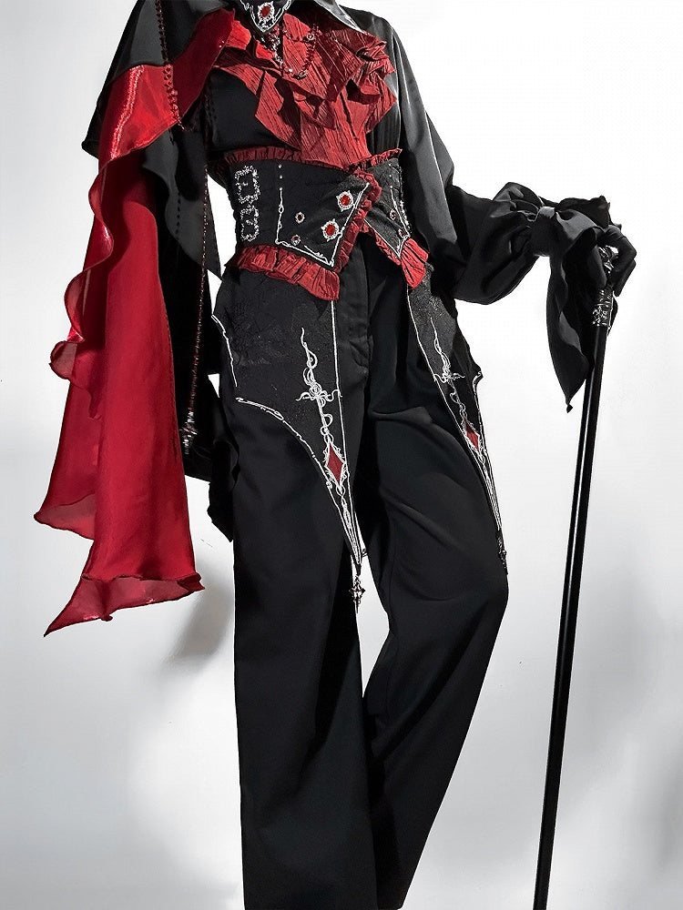 Ouji Lolita Gothic Shirt, Long Pants and Corset Set with Capelet in Black & Red - Unknown Star