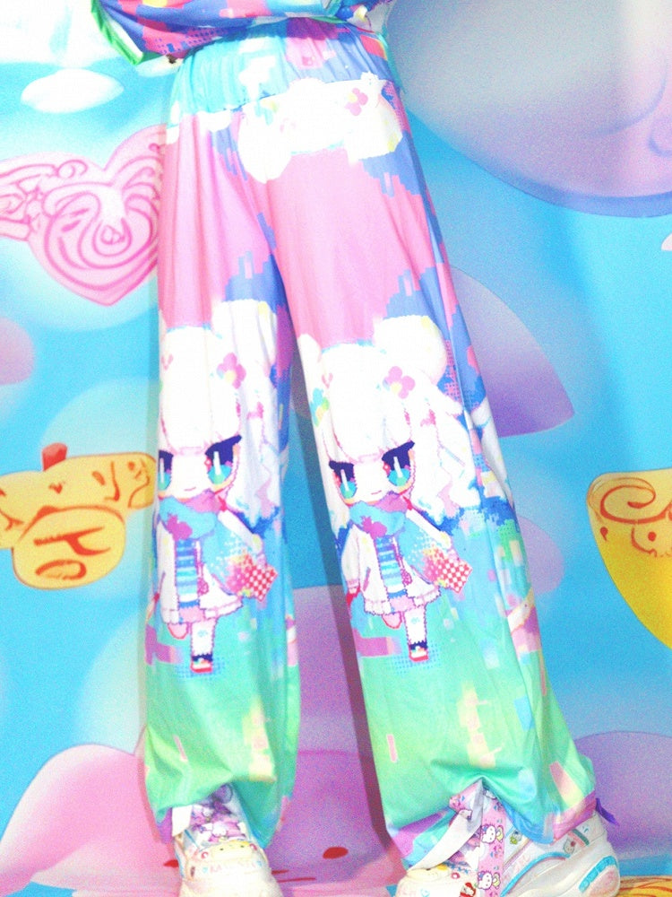 Y2K ストレートレッグ カラフルプリント カートゥーンパンツ カット