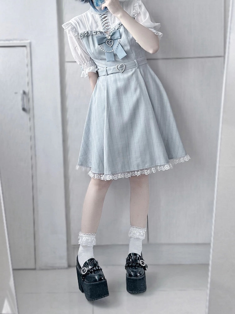 Kei Dress with Detachable Lace Trim Jirai Bow Kaiwai Neckline Design Tenshi Blue Striped Criss-cross