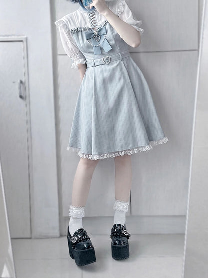 Kei Dress with Detachable Lace Trim Jirai Bow Kaiwai Neckline Design Tenshi Blue Striped Criss-cross