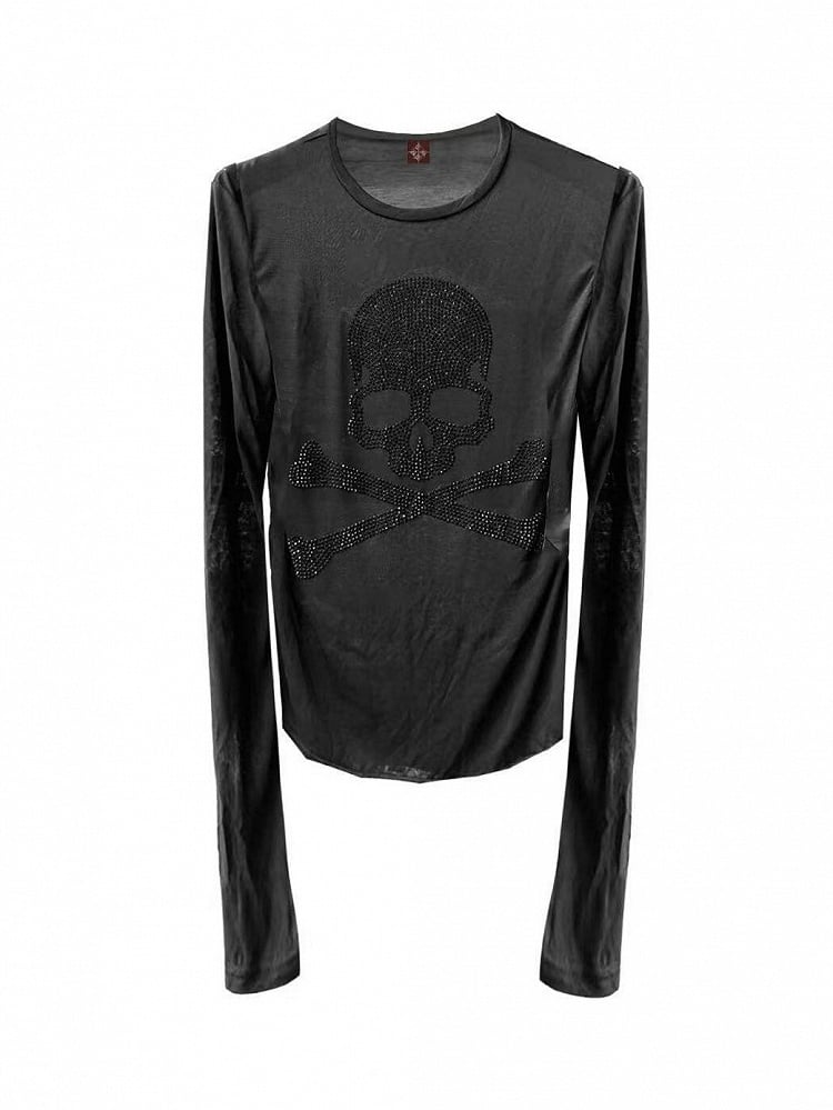 Skull Rhinestone Long Sleeve Top with Breathable Round Neck - DETW OnLine