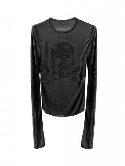 Skull Rhinestone Long Sleeve Top with Breathable Round Neck - DETW OnLine