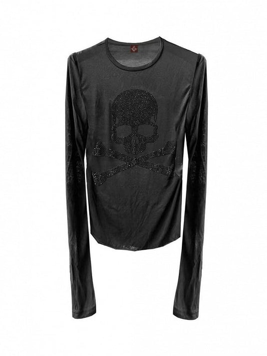 Skull Rhinestone Long Sleeve Top with Breathable Round Neck - DETW OnLine