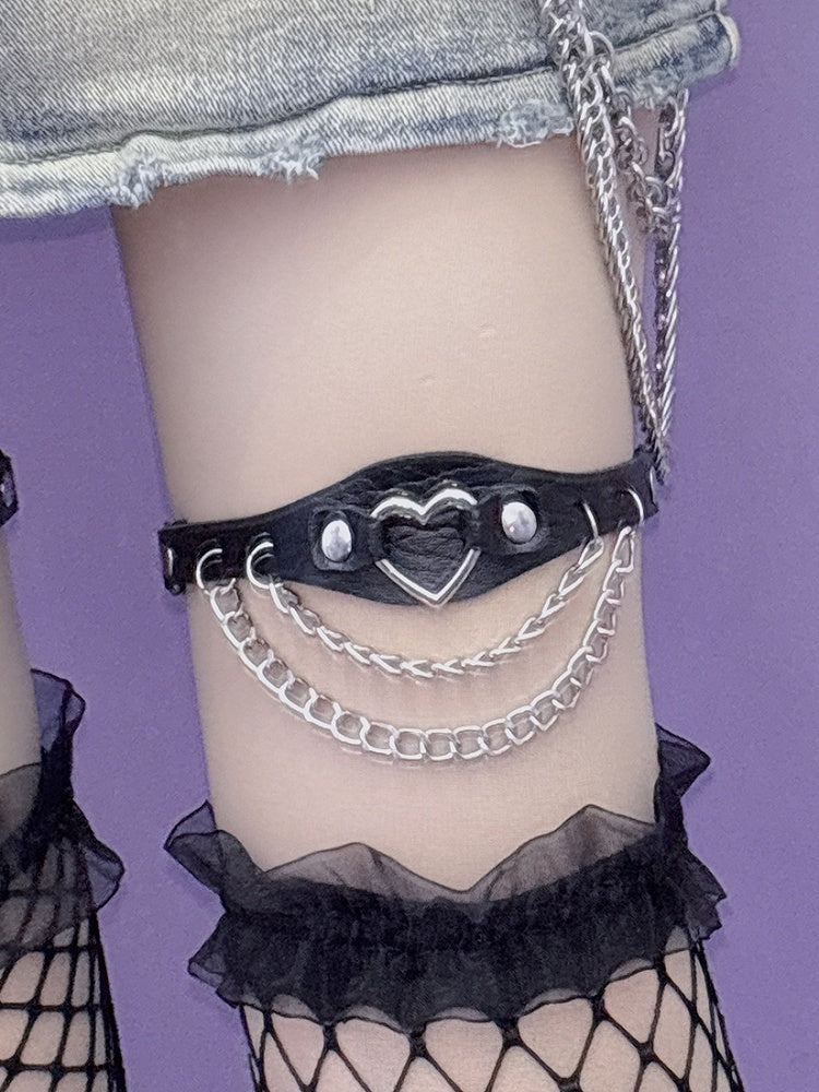 ハート装飾チェーン グラマラス PU ブラック/ピンク/ホワイト レッグチャーム ループスタッド Y2K