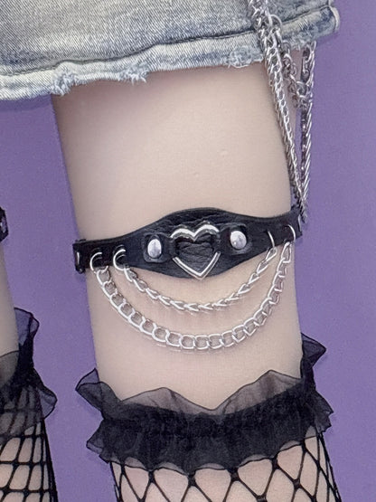 ハート装飾チェーン グラマラス PU ブラック/ピンク/ホワイト レッグチャーム ループスタッド Y2K