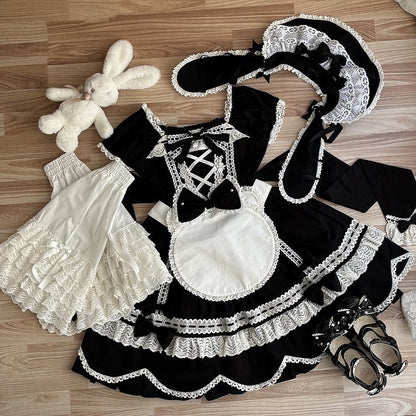 Lolita Ärmel Schwarz Alt Kurzer Ausschnitt Schulstück Puff Square One und Kleid Baumwolle