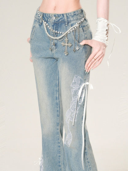 Bowknot Glamouröse Flare Spitze Bestickt Blue Jeans Silhouette