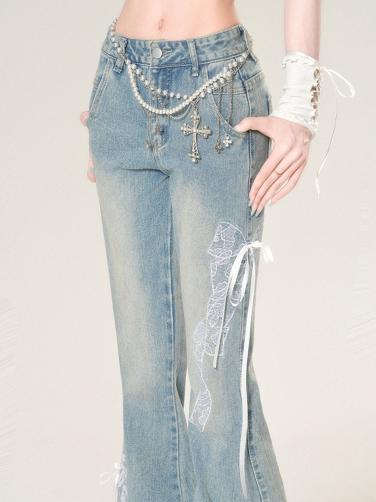 Bowknot Silhouette Flare Embroidered Lace Glamorous Jeans Blue
