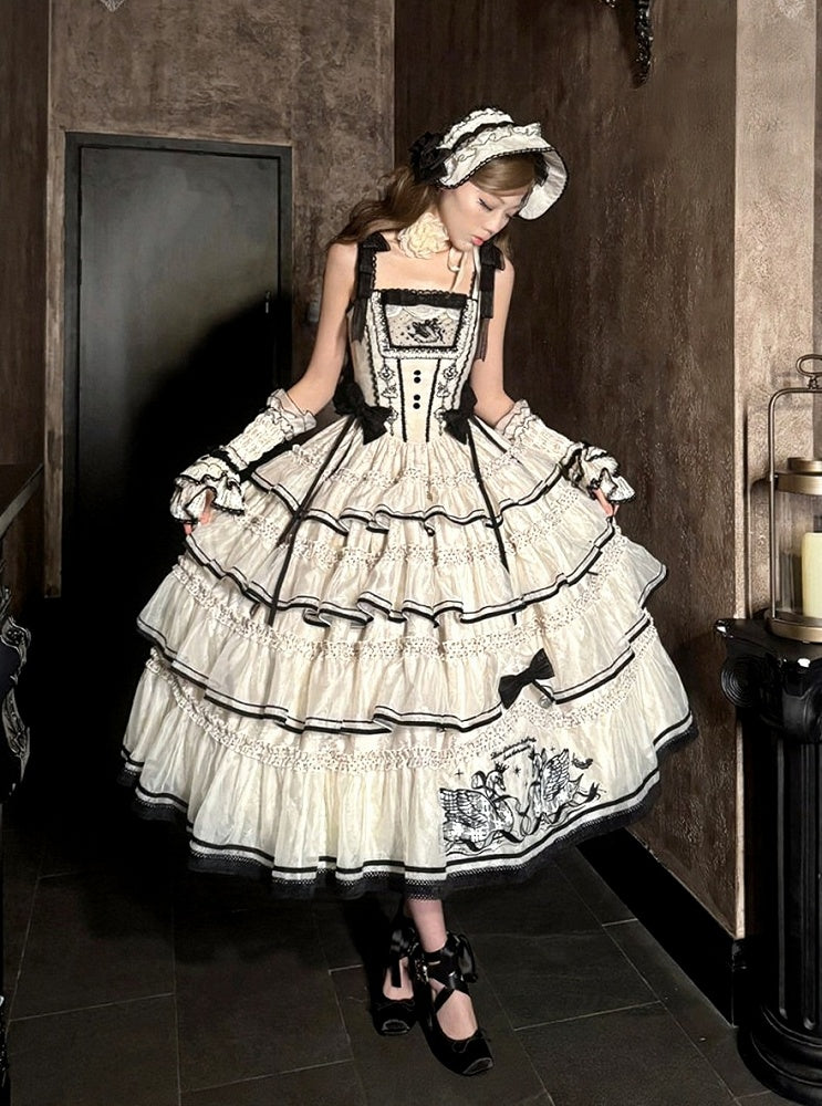 Swan-Embroidered Ruffled JSK Dress in Beige & Black - U.Rtto