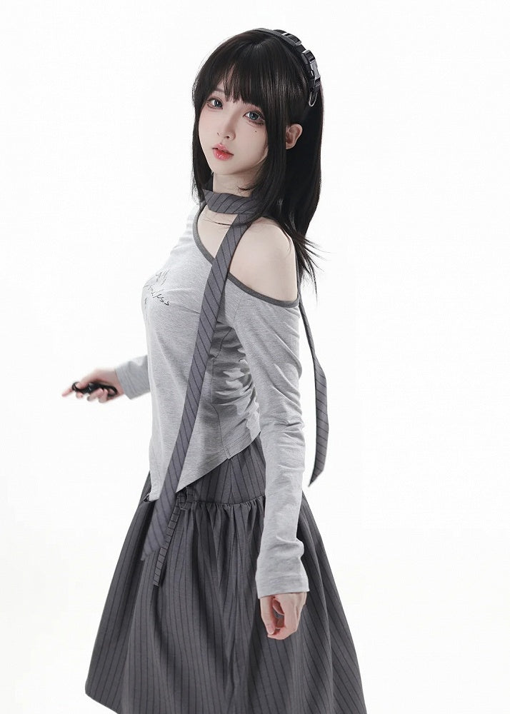 Gray Asymmetrical Neckline and Hem Long Sleeve Top