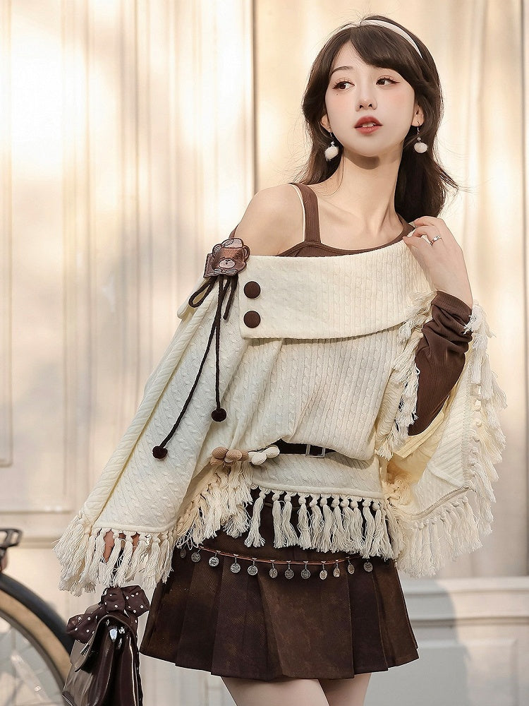 Dark Brown Asymmetrical Shoulder Long Sleeve Knit Top - Han Ru Chu Hanfu &amp; Han-Element Studi